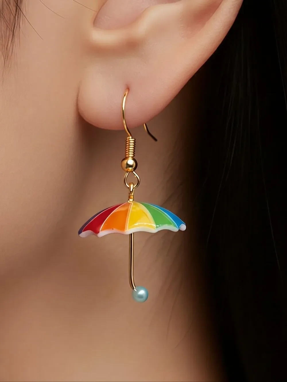 Colorful Umbrella Earrings Gold Dangle Rainy Day Shiny Acrylic Pearl Casual New